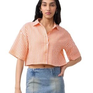 The Souled Store Tangerine Women and Girls Short Sleeves Collared Neck Button Front Striped Cotton Oversized Cropped ShirtsThe Souled Store Tangerine Women and Girls Short Sleeves Collared Neck Button Front Striped Cotton Oversized Cropped ShirtsThe Souled Store Tangerine Women and Girls Short Sleeves Collared Neck Button Front Striped Cotton Oversized Cropped Shirts